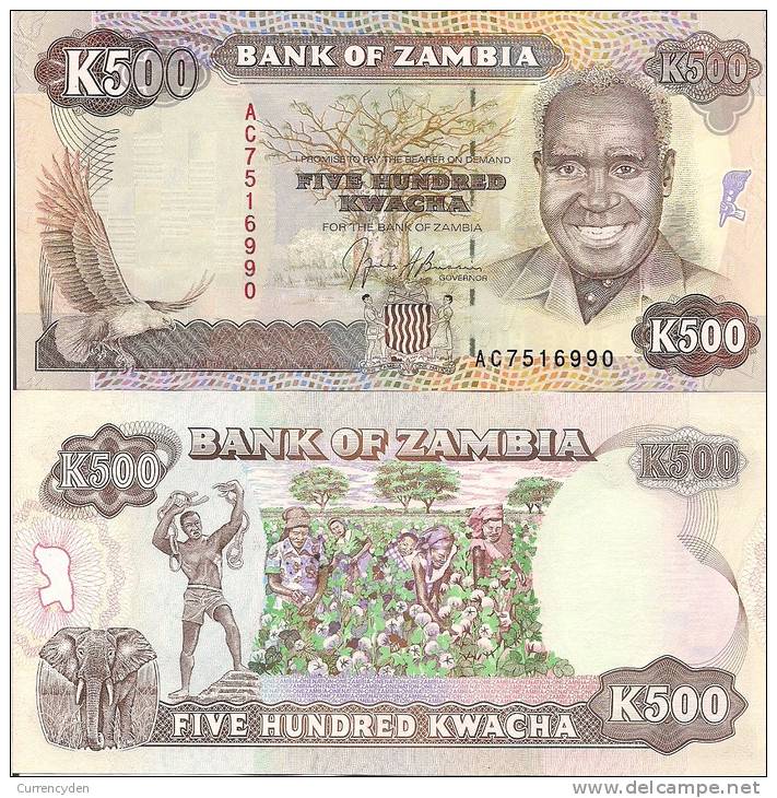 Zambia P-35a, 500 Kwacha,  Baobab Tree, Eagle / Elephant, Cotton Harvest $25CV - Zambia