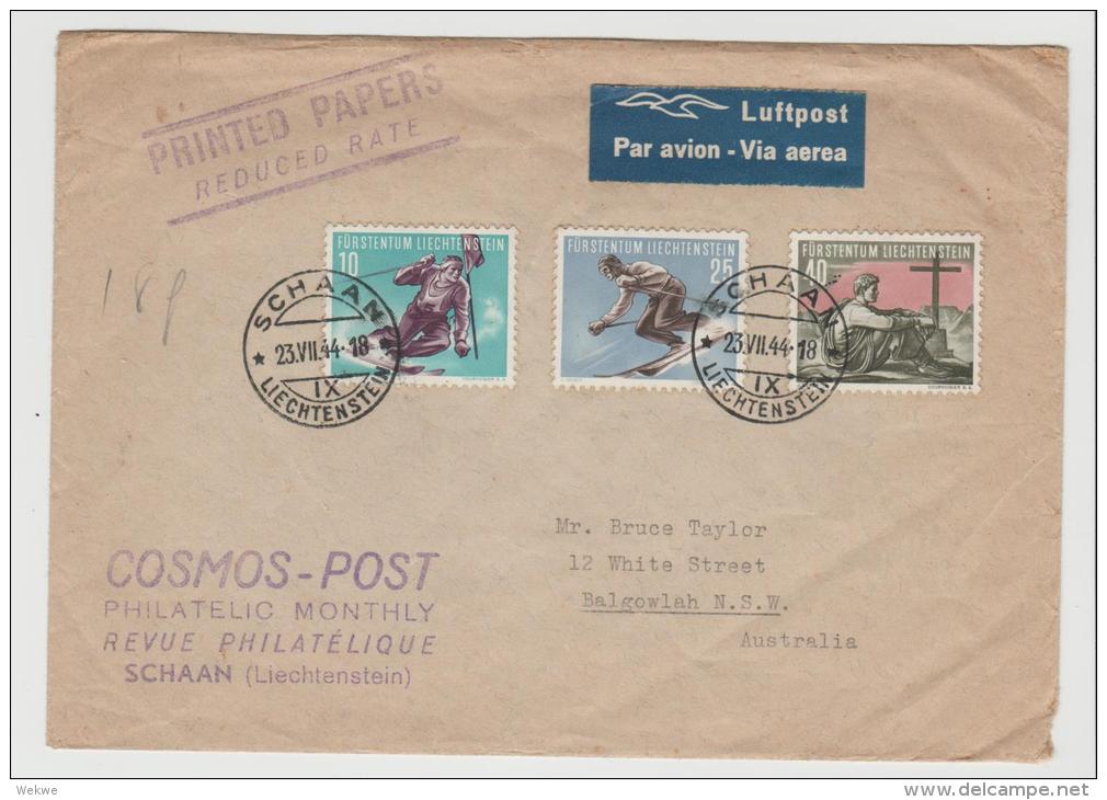 Lie003a/ LIECHTENSTEIN -  Sport 1955 Per Drucksache/Airmail Nach Balgowlah, Australien. Stempelfehleinstellung 1944! - Lettres & Documents