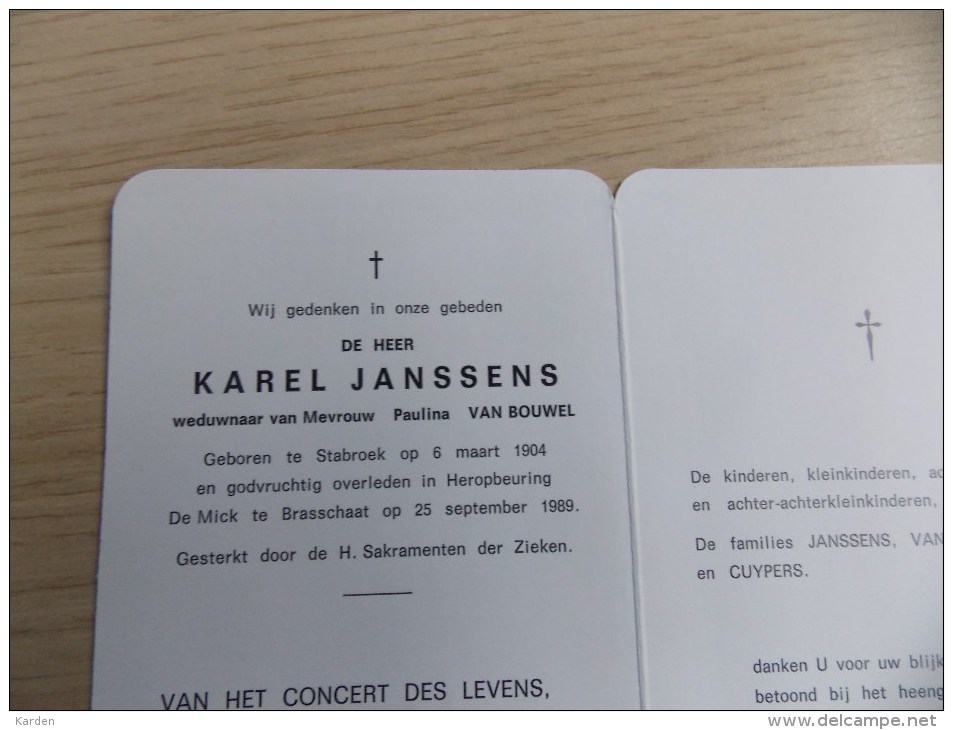 Doodsprentje Karel Janssens Stabroek 6/3/1904 Brasschaat 25/9/1989 ( Paulina Van Bouwel ) - Religion & Esotericism