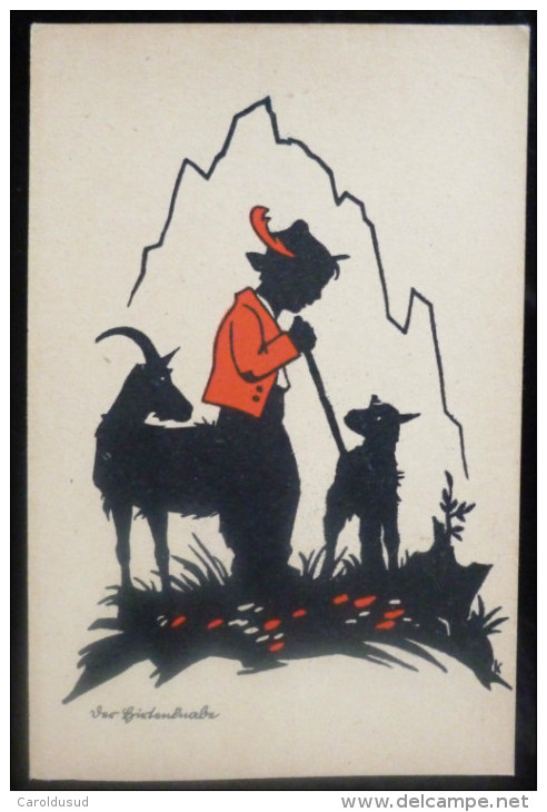 LITHO Illustrateur DIEFENBACH Plischke GRAF Silhouette OMBRE Garcon Lutin Veste Plume Rouge FLUTE Chevre Montagne - Silhouettes