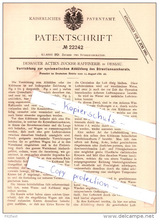 Original Patent - Dessauer Actien-Zucker-Raffinerie In Dessau , 1881 , Zuckerfabrikation !!! - Historische Dokumente