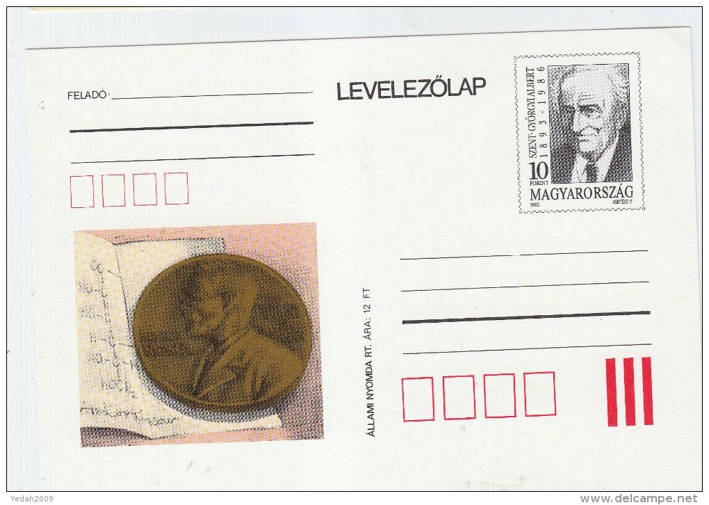 Hungary CHEMISTRY ALBERT SZENT GYORGY NOBEL PEACE PRIZE WINNER BIOCHEMIST POSTAL CARD 1993 - Chemistry