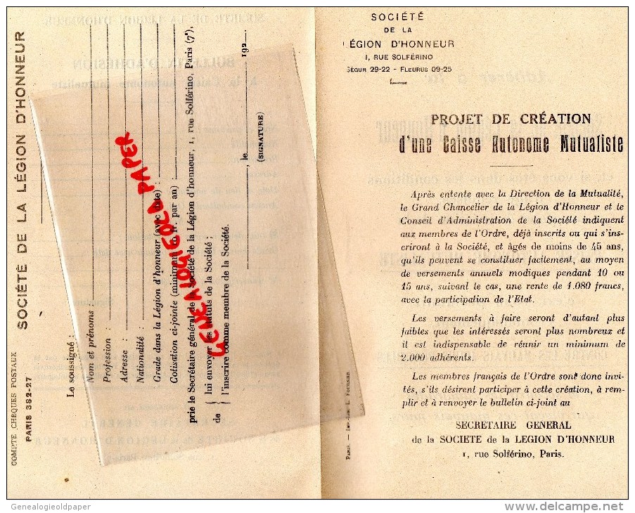 75- PARIS - SOCIETE DE LA LEGION D' HONNEUR - PROJET CREATION D' UNE CAISSE MUTUALISTE - RUE SOLFERINO  1924 - Non Classés