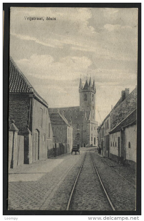 SLUIS Vrijstraat + Kerk + Tram Buurtspoorweg. Gebruikt 1923 - Sluis