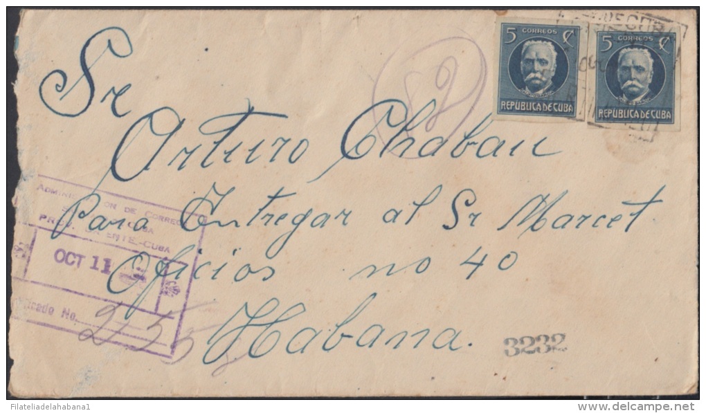 1917-H-89 CUBA. REPUBLICA. 1917. PATRIOTAS. 5c. IMPERF. CERTIFICADO DE SANTIAGO DE CUBA A LA HABANA. - Cartas & Documentos