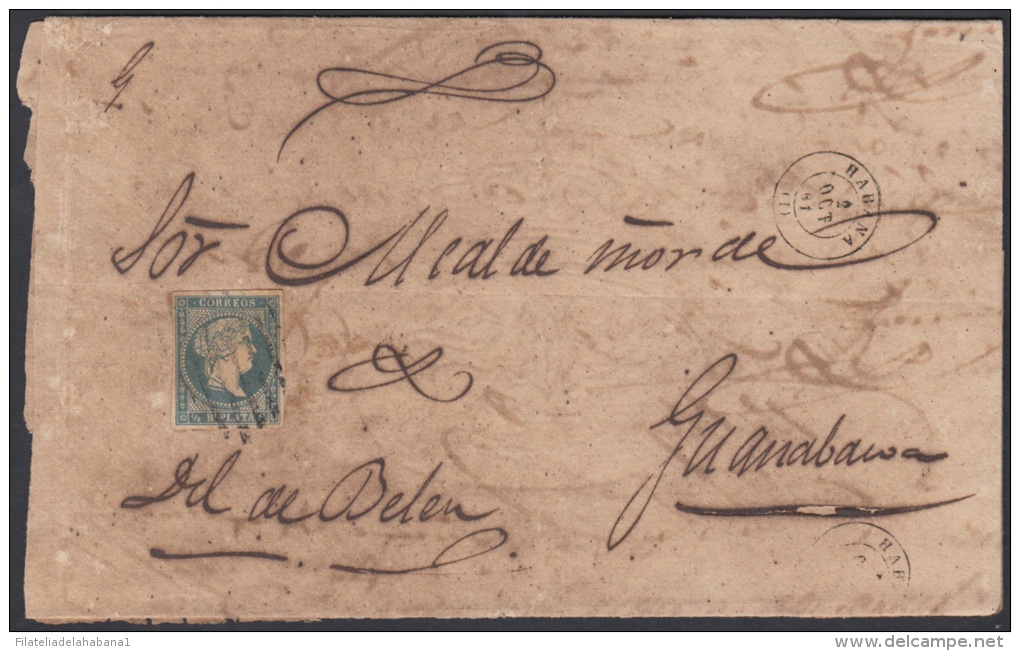 1857-H-129 CUBA ESPAÑA SPAIN. ANTILLAS. ISABEL II. 1857. Ed.7. MEDIO REAL. MARCA FECHADOR HABANA Y PARRILLA LINEAS. - Prefilatelia