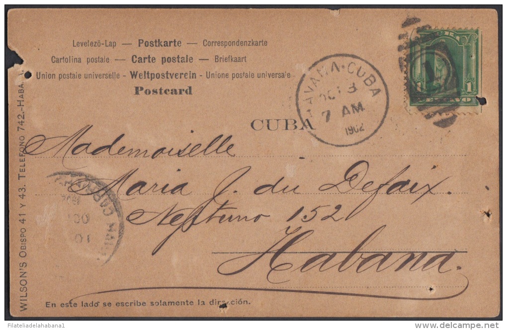 1899-H-89 CUBA. US OCCUPATION. 1902. Ed.30. 1c. TARJETA POSTAL. MARCA POSTAL DUPLEX HABANA- CUBA 1. - Prefilatelia