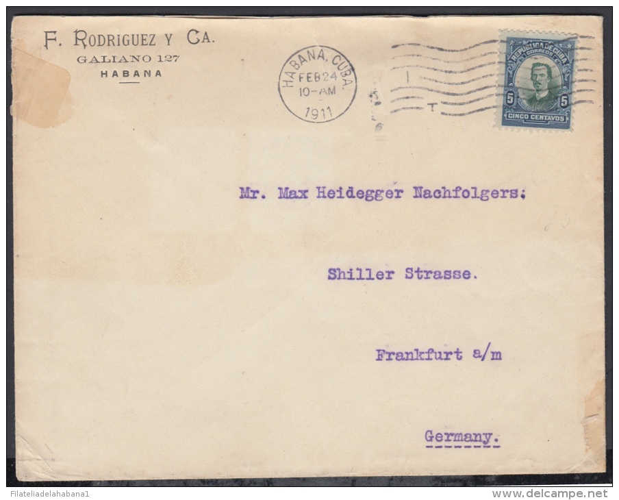 1910-H-35 CUBA. REPUBLICA. 1910. SOBRE COMERCIAL A ALEMANIA. GERMANY. 5c BICOLOR CENTRO DEPLAZADO A LA DERECHA. - Prefilatelia