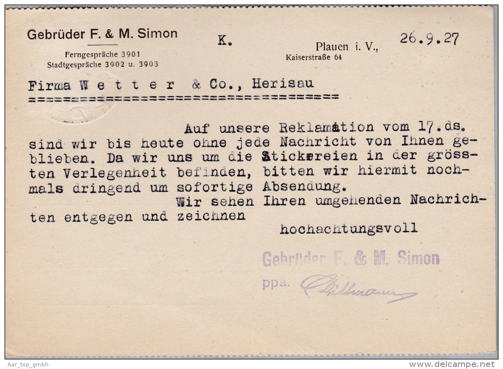 DR 1927-09-06 PLAUEN Perfin Beleg "GS" Gebrüder Simon - Briefe U. Dokumente