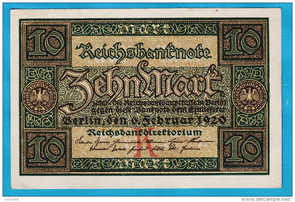 DEUTSCHES REICH 10 MARK 06.02.1920 LETTER K  Alpha X.6742353   P#67a - 10 Mark