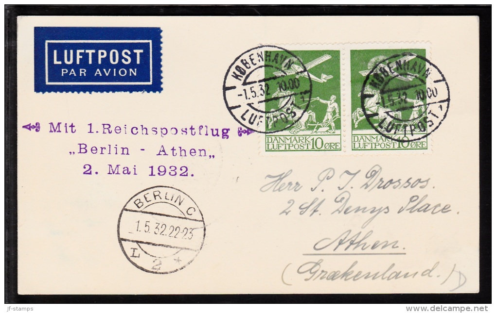 1932. Air Mail. Mit 1. Reichspostflug Berlin - Athen 2. Mai 1932. Card Franked With Pai... (Michel: 143) - JF103150 - Luftpost
