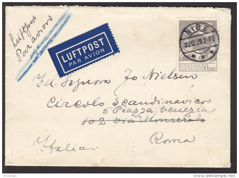 1929. Air Mail. 50 øre Grey. Solo On Cover From NIBE 22.12.29 To Roma. Arrivalcancel RO... (Michel: 180) - JF102005 - Luftpost