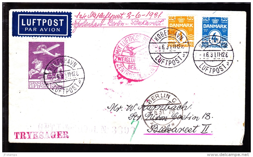 1931. Air Mail. 15 øre Lilac And 1 + 4 øre. KØBENHAVN LUFTPOST 2 1 6 31 BUCAREST 3 VI 31. (Michel: 144) - JF103847 - Posta Aerea