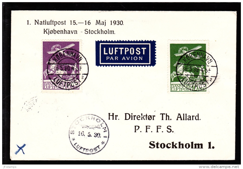 1930. Air Mail. 15 øre Lilac And 10 øre Green. 1. Natluftpost 15.-16. Maj 1930. Kjøbenh... (Michel: 144) - JF103835 - Luftpost