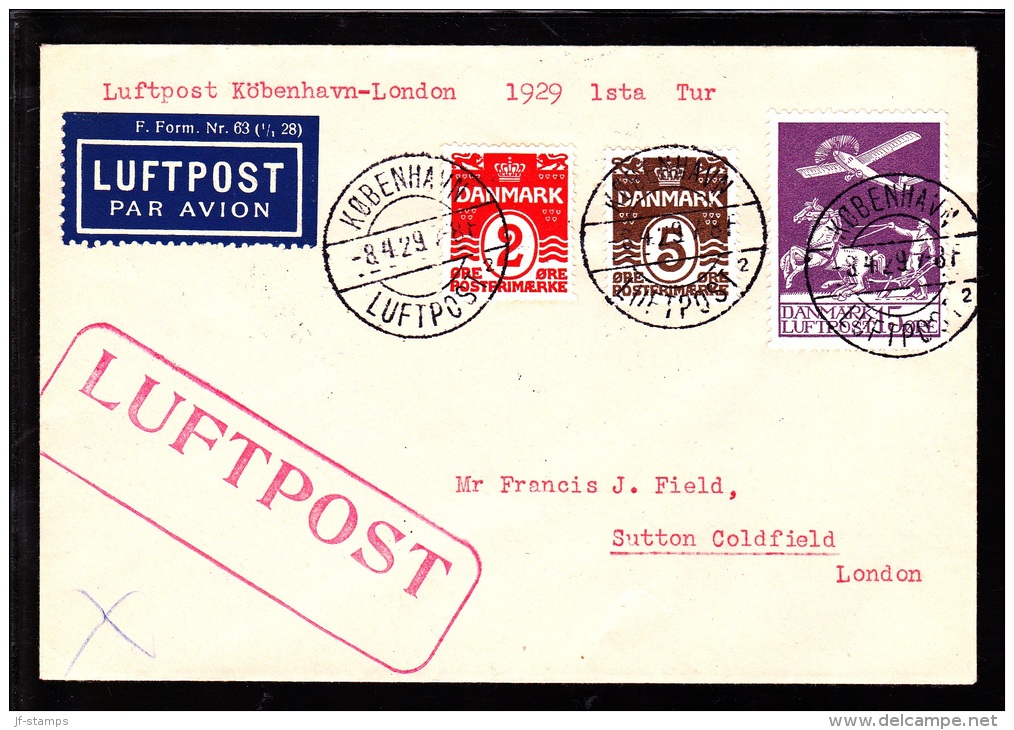 1929. Air Mail. 15 øre Lilac And 2 + 5 øre. KØBENHAVN LUFTPOST 2 8 4 29 LONDON. (Michel: 144) - JF103848 - Luftpost