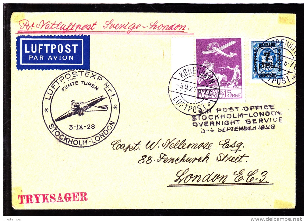 1928. Air Mail. 15 øre Lilac And 7 ØRE/4 ØRE.KØBENHAVN LUFTPOST 2 3.9.28 AIR POST OFFIC... (Michel: 144) - JF103844 - Posta Aerea