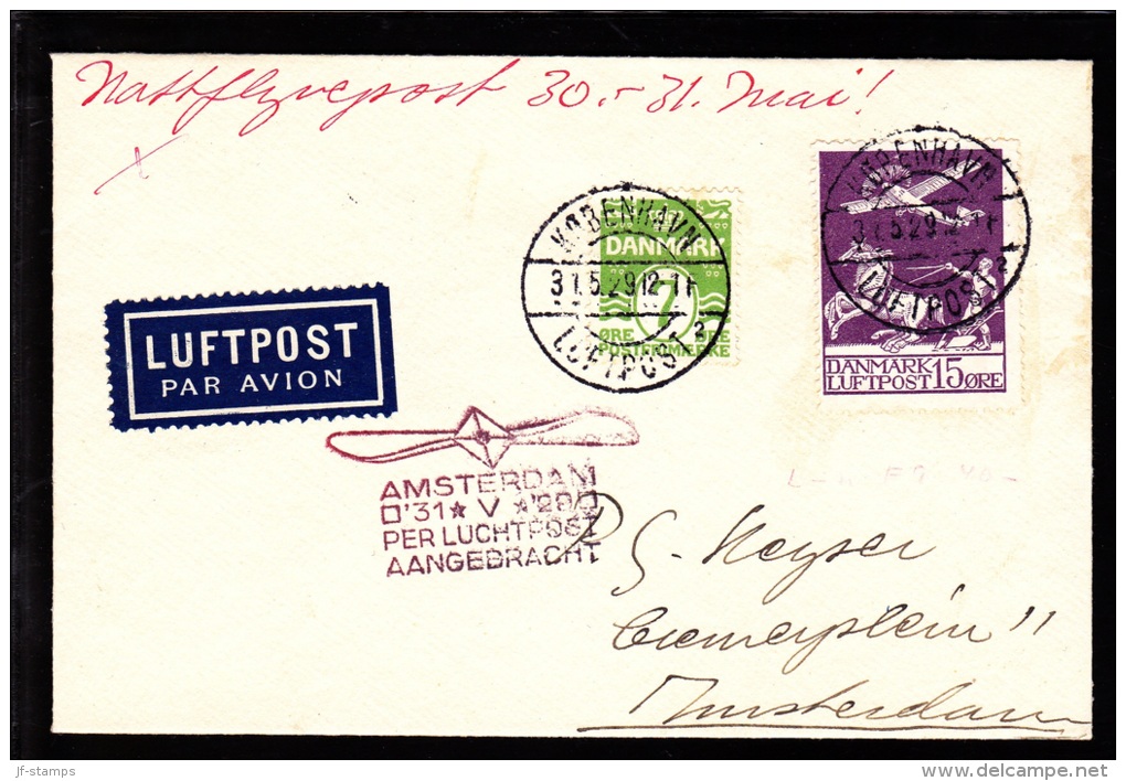 1929. Air Mail. 15 øre Lilac And 7 øre Green. KØBENHAVN LUFTPOST 2 31 5 29 AMSTERDAM 31... (Michel: 144) - JF103846 - Airmail