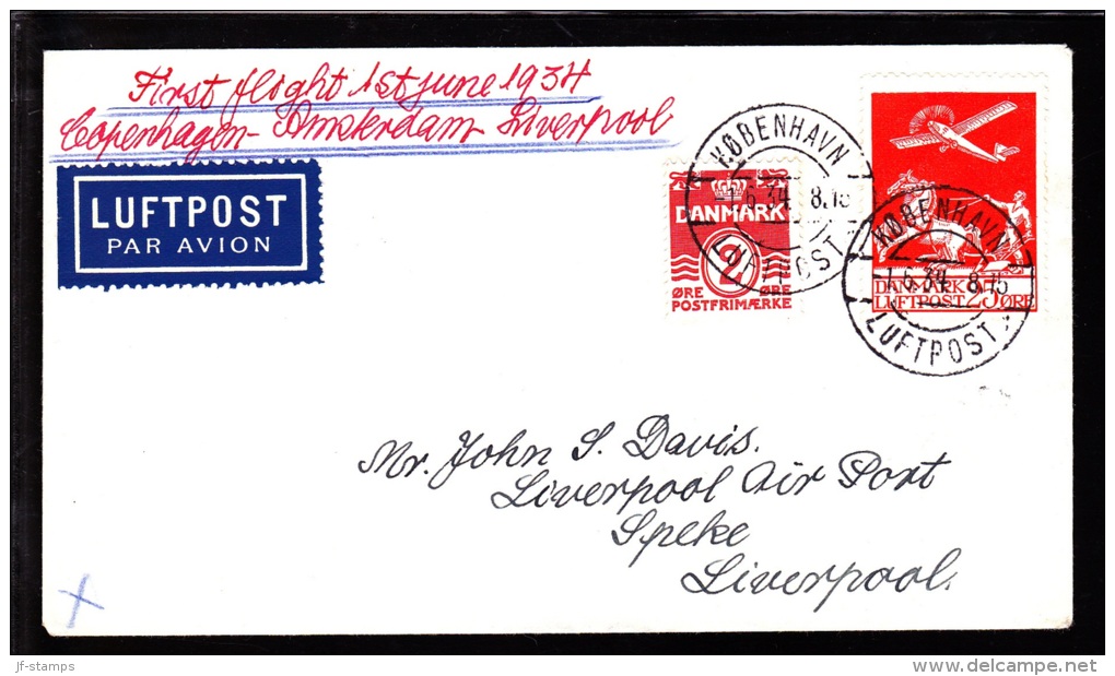 1934. Air Mail. 25 øre Red + 2 øre KØBENHAVN LUFTPOST 1.6.34. LIVERPOOL. (Michel: 145) - JF103872 - Poste Aérienne