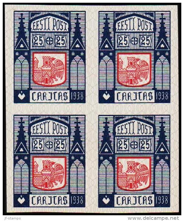 1938 CARITAS 25 + 25 S. Blue-carmine 4-Block. Imperforated Proof. Very Scarce. (Michel: 133 PROBE) - JF107621 - Estonie