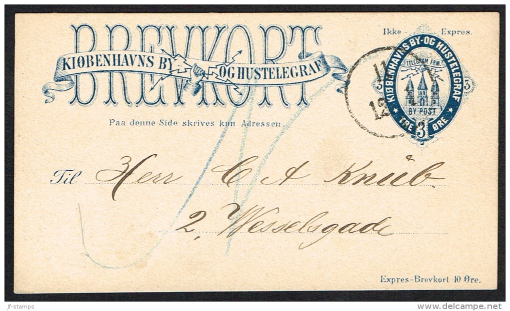 KJØBENHAVNS BYPOST. 1881. -BREVKORT 3 Øre Blue. Ikke Expres. Sent To Wesselsgade. N Mar... (Michel: ) - JF104022 - Local Post Stamps