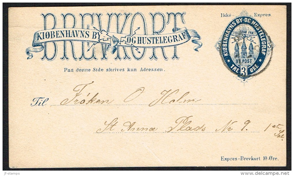 KJØBENHAVNS BYPOST. 1881. -BREVKORT 3 Øre Blå. Variety Ikké Expres. Sent To St. Anne Pl... (Michel: ) - JF104023 - Emisiones Locales