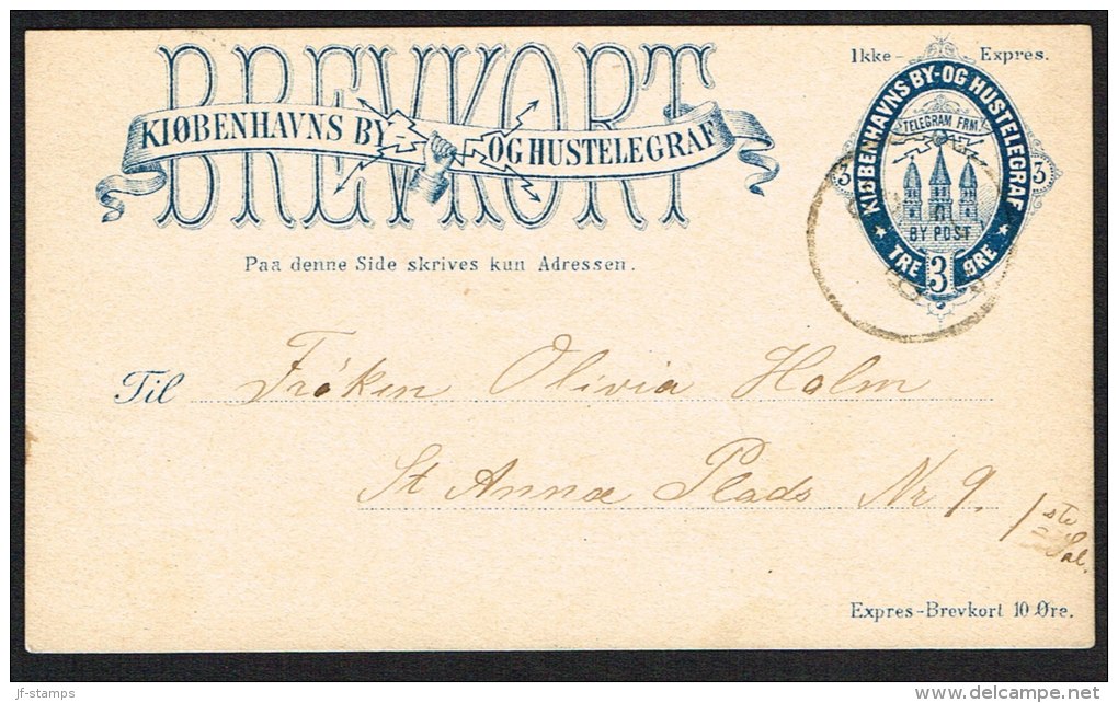 KJØBENHAVNS BYPOST. 1881. -BREVKORT 3 Øre Blue. Ikke Expres. Sent To St. Anne Plads. (Michel: ) - JF104021 - Lokale Uitgaven