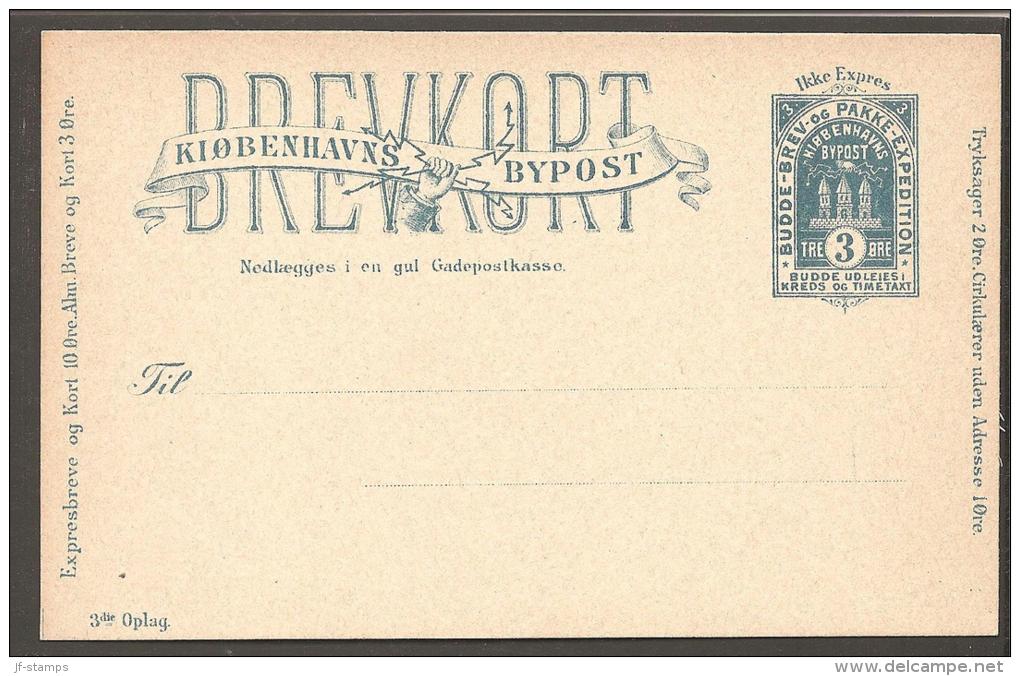 KJØBENHAVNS BY- OG HUSTELEGRAF. 1884. BREVKORT (Post Card) 3 øre Blue ”3die Oplag”. Bea... (Michel: ) - JF170809 - Local Post Stamps