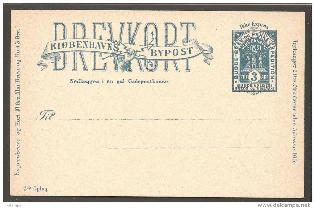 KJØBENHAVNS BY- OG HUSTELEGRAF. 1884. BREVKORT (Post Card) 3 øre Blue ”3die Oplag”. Bea... (Michel: ) - JF170810 - Local Post Stamps