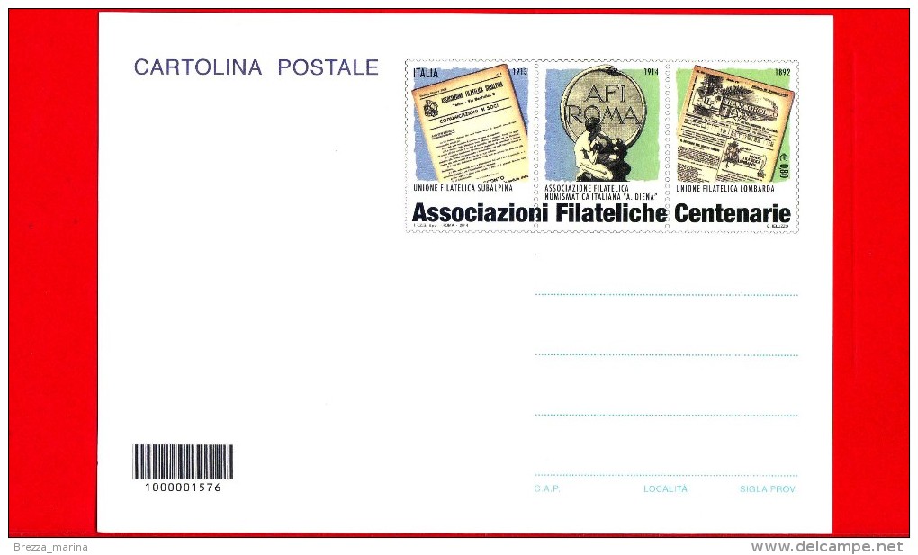 Nuovo - ITALIA - 2014 - Cartolina Postale - Associazioni Filateliche Centenarie - 0,80 € • Notiziari - Cod. A Barre 1576 - Stamped Stationery