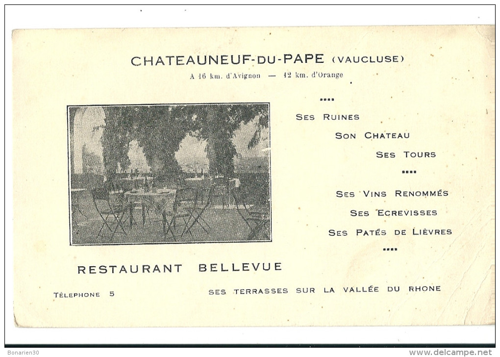 CPA 84 CHATEAUNEUF DU PAPE RESTAURANT BELLEVUE CARTE PUBLICITAIRE - Chateauneuf Du Pape