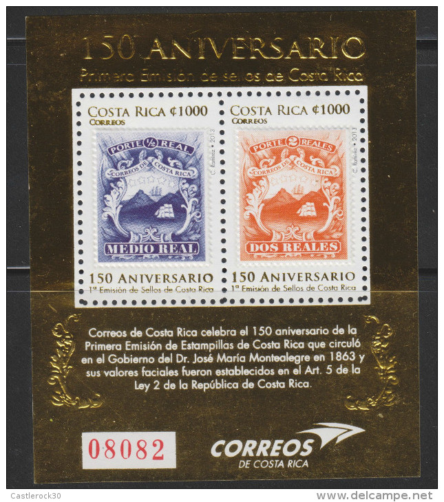 O) 2013 COSTA RICA, 150 FIRST ANNIVERSARY ISSUE STAMP 1863, 1/2 REAL, 2 REALES, COAT OF ARMS, SOUVENIR MNH - Costa Rica