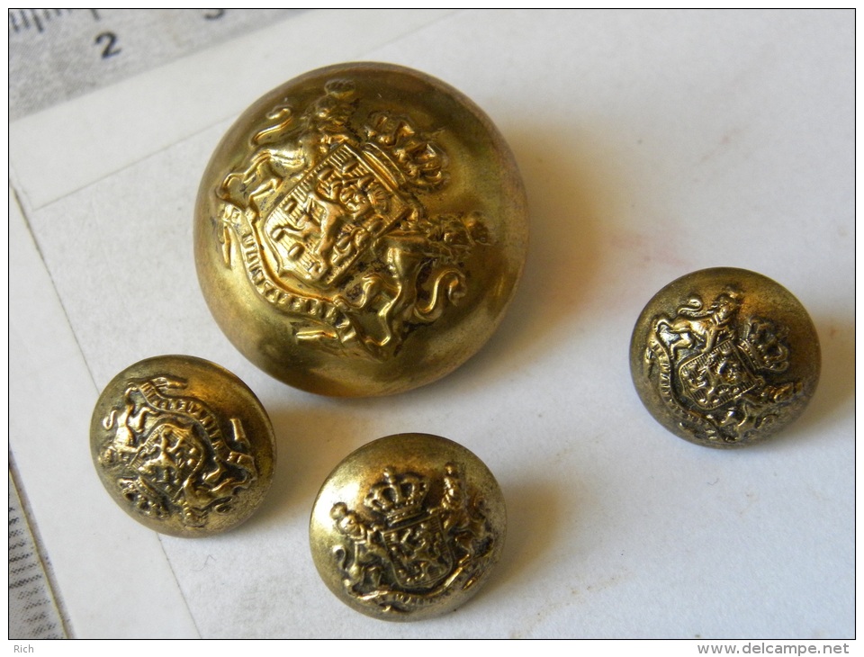 4 Boutons De Livrée, Netherlandd Buttons Gold, Armes Des Pays Bas - Devise De M'aintiendrai, Couronne Royale Lions - Knopen