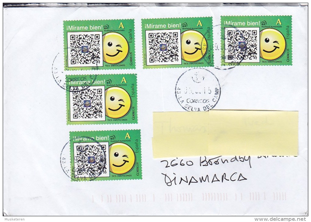 Spain LA SELVA DEL CAMP 2015 Cover Letra To BRØNDBY STRAND Denmark 5x Smiling Stamps - Briefe U. Dokumente