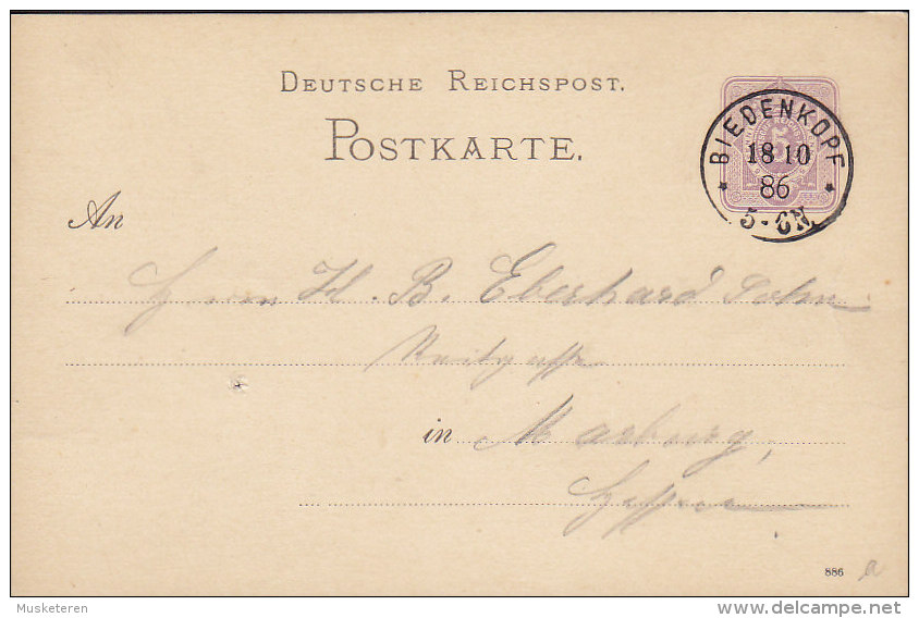 Germany Reichspost Postal Stationery Ganzsache Entier 5 Pf. Deluxe BIEDENKOPF Hesse 1886 To MARBURG (2 Scans) - Cartes Postales