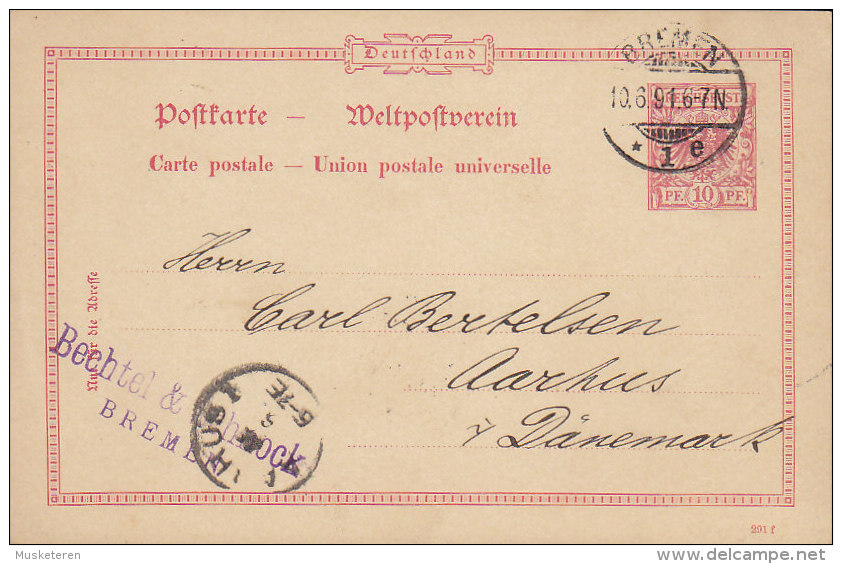 Germany Reichspost Postal Stationery Ganzsache Entier BECHTEL & SCHNOCK, BREMEN 1891 Denmark (2 Scans) - Postcards