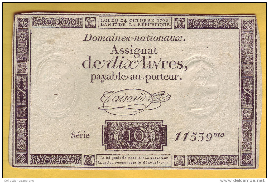 ASSIGNAT De 10 Livres. 24 Octobre 1792 - - Assignate