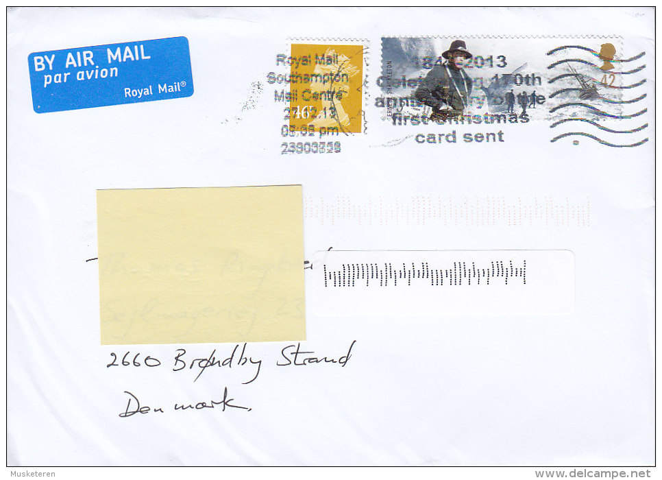 Great Britain By Air Mail Par Avion Label SOUTHAMPTON 2013 Cover To Denmark 46 P. Security Perf. & Ernest Shackleton - Covers & Documents