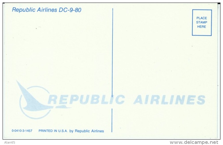 Republic Airlines(1979-1986) DC-9 80 Jet Plane In Flight, C1970s/80s Vintage Postcard - 1946-....: Moderne