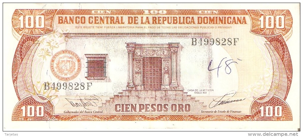 BILLETE DE REP. DOMINICANA DE 100 PESOS ORO DEL AÑO 1993 SERIE B (BANKNOTE) - Dominicaine