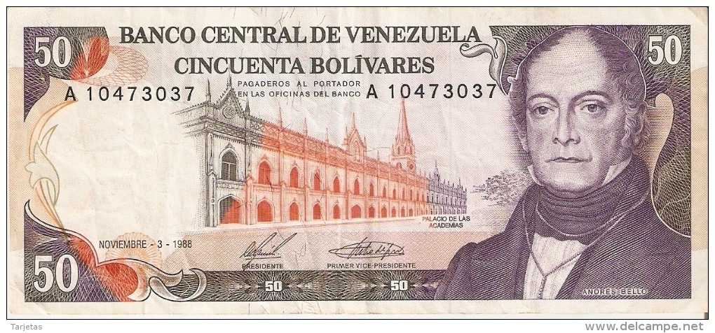 BILLETE DE VENEZUELA DE 50 BOLIVARES DEL AÑO 1988 (BANKNOTE) - Venezuela