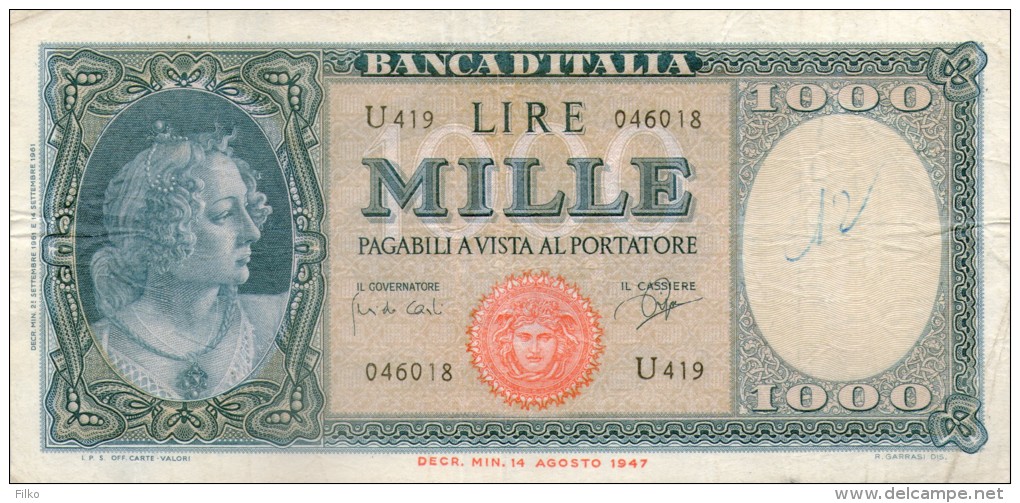 Italy,1000 Lire ,25.9.1961,P.88d,Sign:Carli/Ripa,see Scan - 1.000 Lire