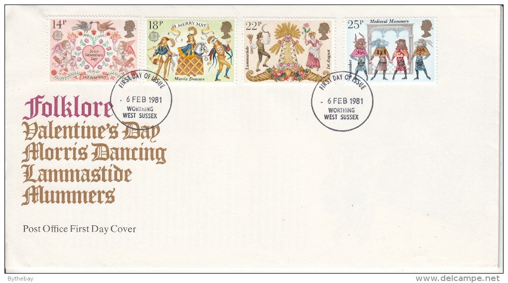 Great Britain FDC Scott #933-#936 Set Of 4 Folklore: Mummers, Morris Dancers Cancel: Worthing West Sussex PO Cover - 1981-1990 Decimal Issues