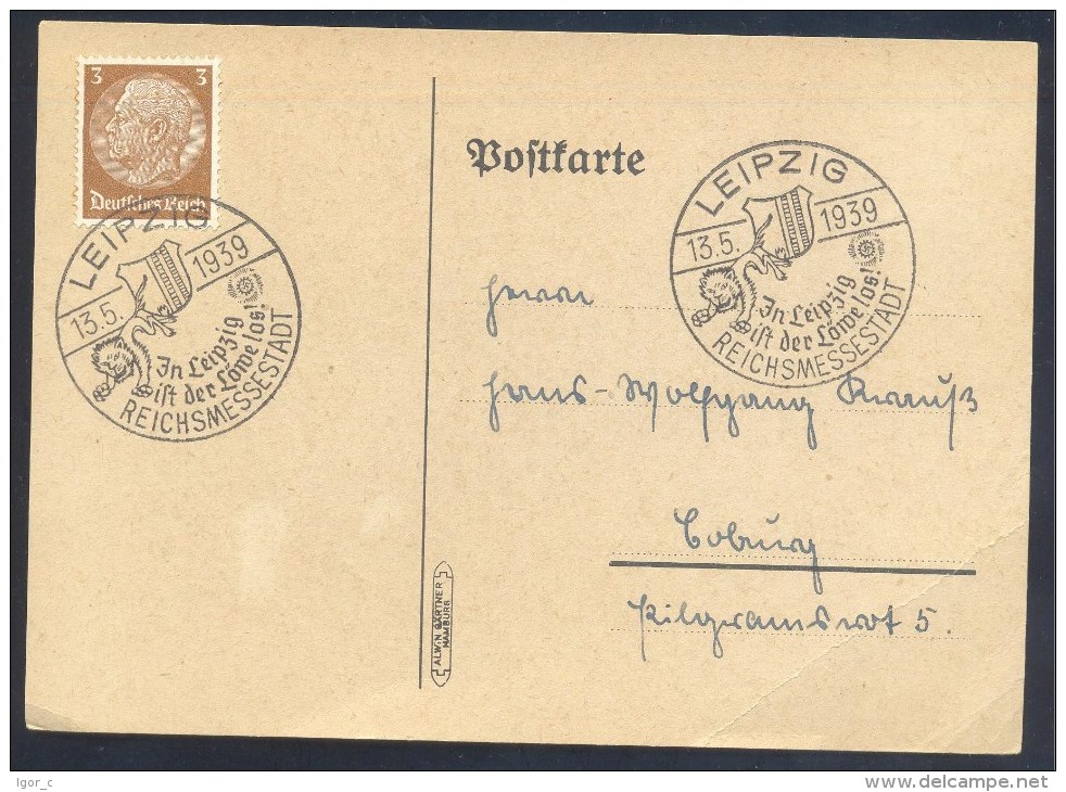 Germany Deutsches Reich 1939 Card Fauna Lion Löwe Panthera Leo: In Leipzig Ist Der Löwe Los! Cancellation - Raubkatzen