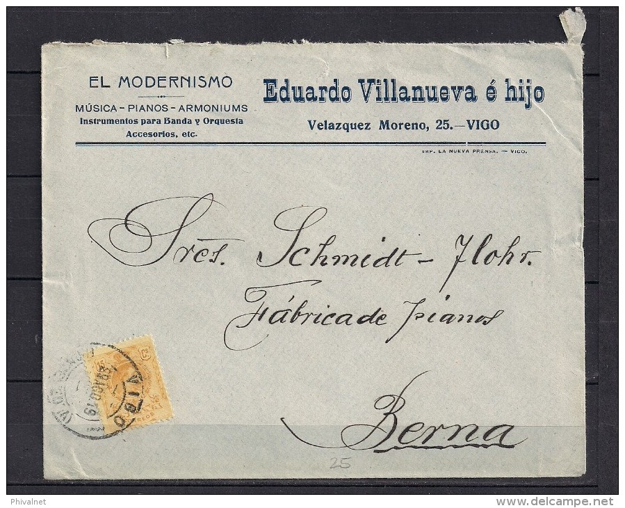 1919 PONTEVEDRA, SOBRE COMERCIAL CIRCULADO DE VIGO A BERNA, EL MODERNISMO, MUSICA - PIANOS - ARMONIUMS - Cartas & Documentos