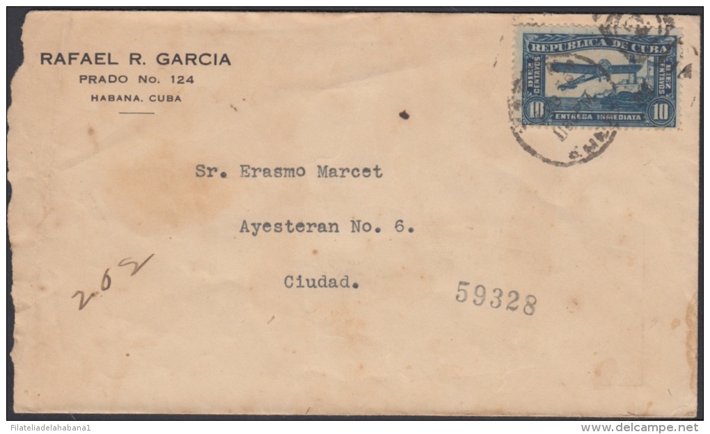 1917-H-93 CUBA. REPUBLICA. 1917. AVION MORANE. SOBRE ENVIADO ENTREGA ESPECIAL. SPECIAL DELIVERY. HABANA. - Covers & Documents