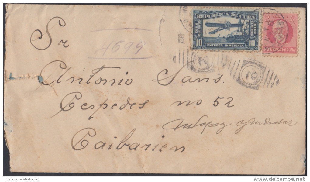 1917-H-103 CUBA. REPUBLICA. 1917. AVION MORANE. SOBRE ENTREGA ESPECIAL. SPECIAL DELIVERY. DEVUELTO POR AUSENCIA. - Covers & Documents