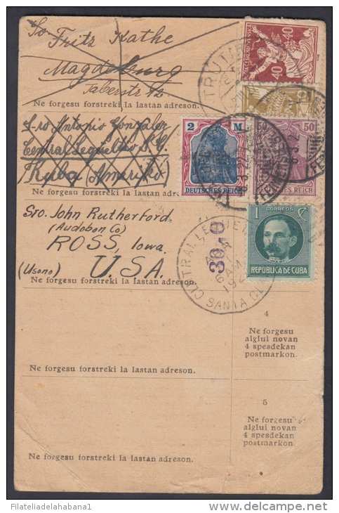1917-H-114 CUBA. 1917. 1c. TARJETA ALREDEDOR DEL MUNDO. CENTRAL LEQUELTO. ESPERANTO. GERMANY. CHECOSLOVAQUIA. RARE. - Covers & Documents