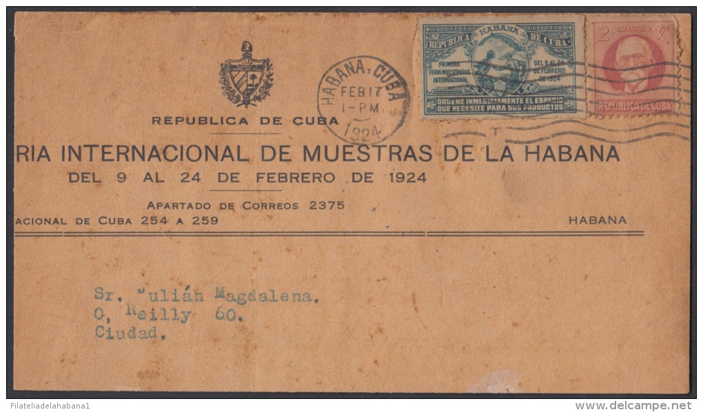 1917-H-116 CUBA. REPUBLICA. 1924. 1c. FRONTAL DE SOBRE VIÑETA 1c FERIA INTERNACIONAL DE MUESTRAS DE LA HABANA. - Covers & Documents