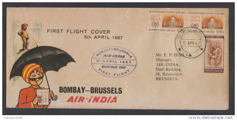 India  1967  BOMBAY - BRUSSELS  AIR INDIA  FIRST FLIGHT COVER # 83744   Indien Inde - Airmail
