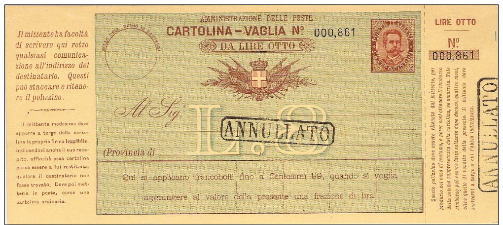 CARTOLINA-VAGLIA LIRE OTTO CON TIMBRI IN CARTELLA "ANNULLATO" - Marcophilia